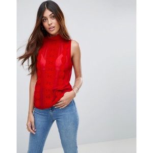 ASOS red high neck sleeveless blouse w/ lace trim